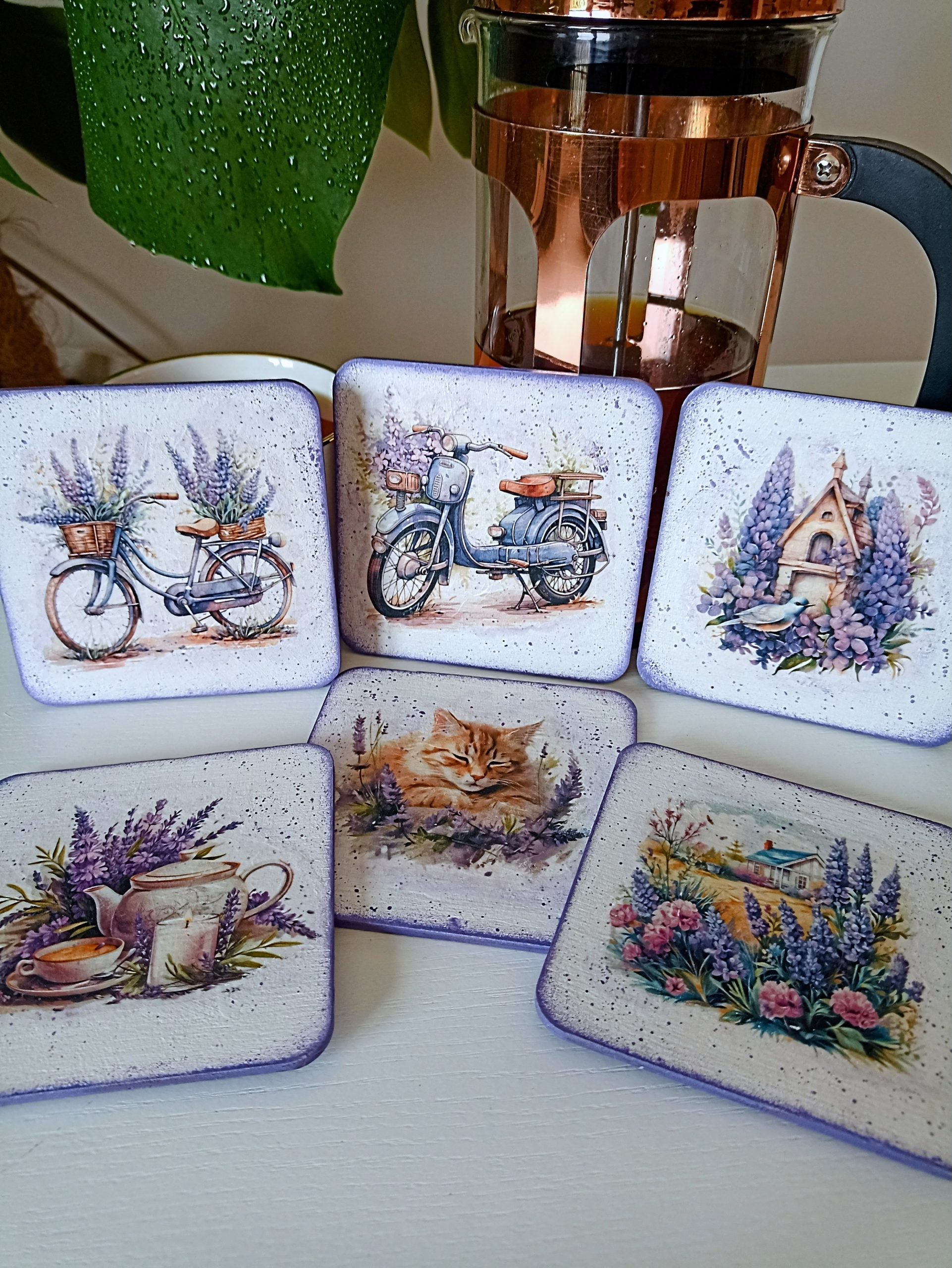 podkładki pod kubki lawendowe, shabby chic, vintage, styl prowansalski, decoupage