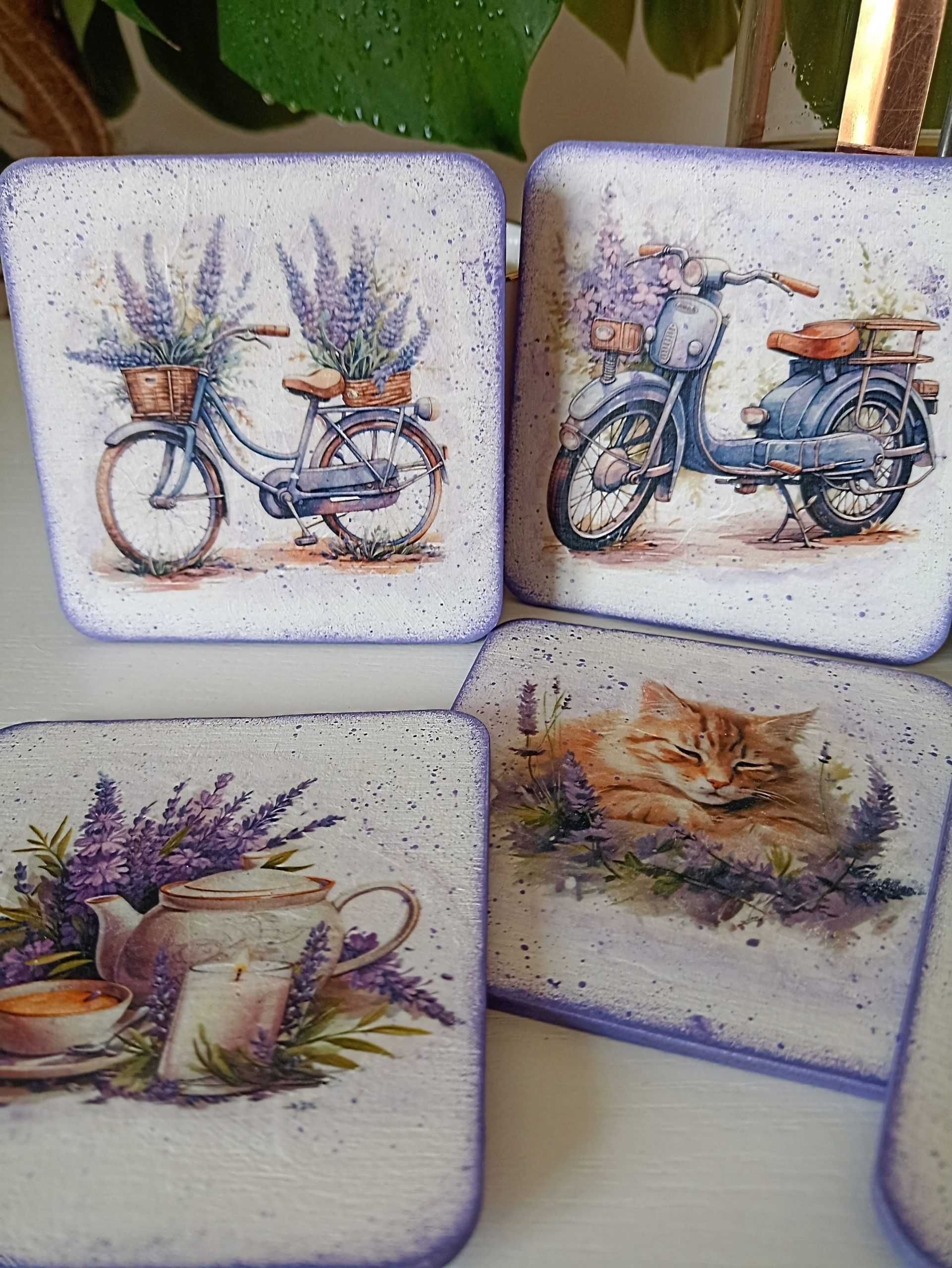 podkładki pod kubki lawendowe, shabby chic, vintage, styl prowansalski, decoupage