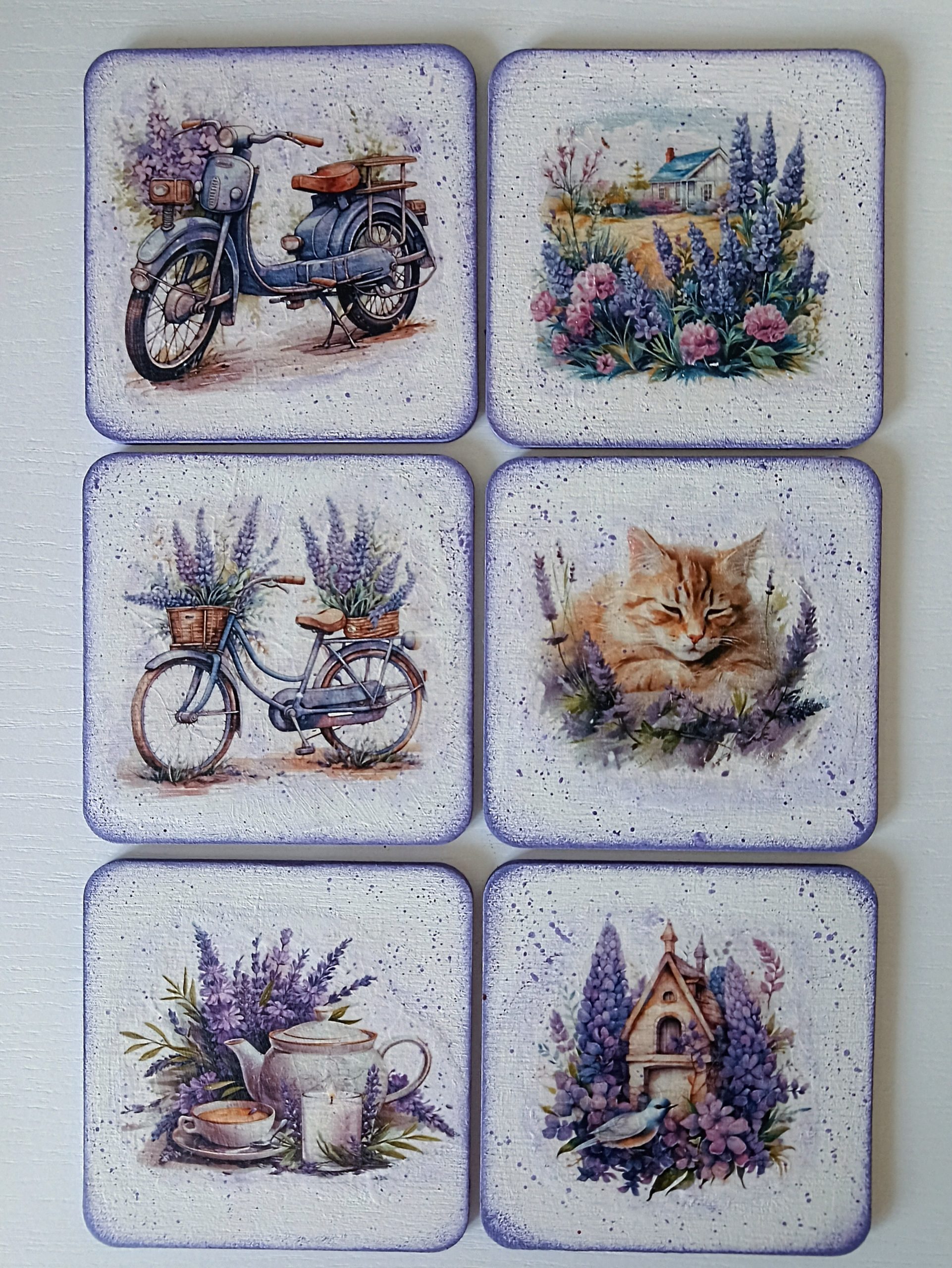podkładki pod kubki lawendowe, shabby chic, vintage, styl prowansalski, decoupage